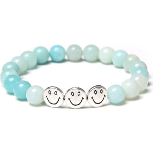 Natural Blue Amazonite jaspers stone beads bracelet for women men happy Smiley charm bracelet couples lovers friendship partner