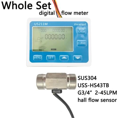 US211M Digital Flow Meter Totalizer with SUS304 Flow Sensor USS-HS43TB G3/4" Hall Flow Sensor 2-45LPM iSentrol Saier Sesnor