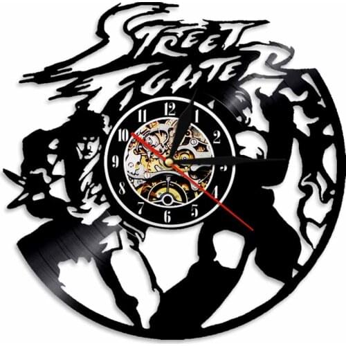 Fighting Games Characters Decorative Wall Clock Vintage Vinyl Record 3D Hanging Watches Unique Silent Decor For Game Room