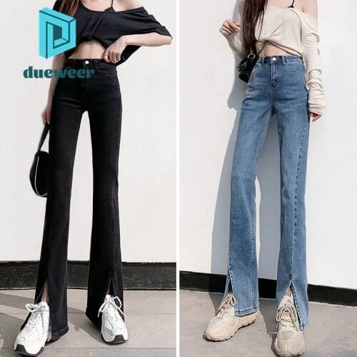 DUEWEER Split High Waist Jeans Women Baggy Boot Cut Jeans Straight Mopping Black Pants Flare Denim Pants Bleached Streetwear