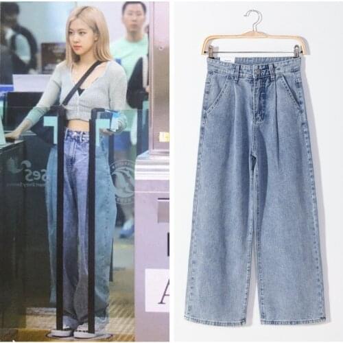 Kpop ROSE Streetwear Simple High Waist Jeans Women Wide Leg Denim trousers Light blue Fashion Harajuku Straight Pants