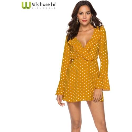 European and AmericanPopular Spot V-Neck Sexy Chiffon Dress Fashion Womens Lotus Sleeve Slim Skirt