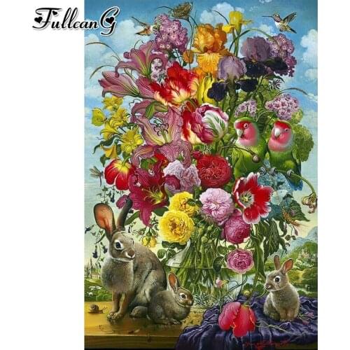 FULLCANG Flowers parrot rabbit animals 5d diy diamond painting full square round drill rhinestone embroidery kits decor FG0116