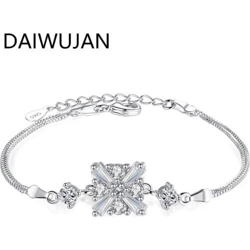 DAIWUJAN Korean 925 Sterling Silver Zircon Square Charm Bracelets For Women Double Layers Fashion Rubiks Cube Party Jewelry