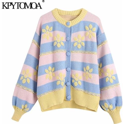 KPYTOMOA Women 2021 Fashion Floral Jacquard Loose Knit Cardigan Sweater Vintage Long Sleeve Button-up Female Outerwear Chic Tops
