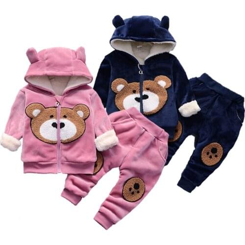 High Quality Winter Warm Baby Girls Clothes Double Layer Velvet Thick Cotton Suits For Girls And Boys Hooded Jacket + Pants 2Pcs