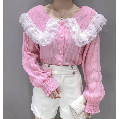 Sweet Fashion T-Shirts Elegant Puff Sleeve Lace Mesh Tops Girls Lolita Style Peter Pan Collar ChiffonTees Ruffled Shirts Mujer