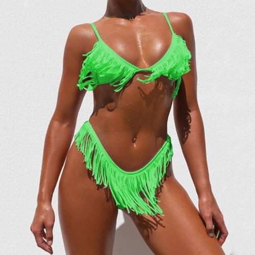 Mossha Sexy neon tassel bikini set Triangle micro swimwear women High cut swimsuit Plus size bathing suit Brazilian swimming