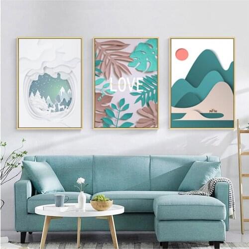 Cartoon Fresh Illustration Green Mountain Deer Red Sun Forest Wall Art Picture Canvas Painting for living Room Kids Room Decor