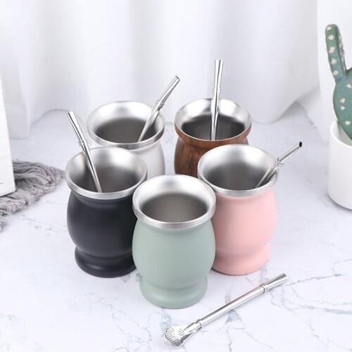 Yerba Mate Gourd Set Double-Wall Stainless Steel Mate Tea Cup and Bombilla Set Includes Yerba Mate Gourd (Cup) With One Bombilla