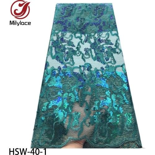 Latest African Lace Double Organza Lace Fabric with Sequins Embroidery Net Lace Fabric for Party Dress HSW-40