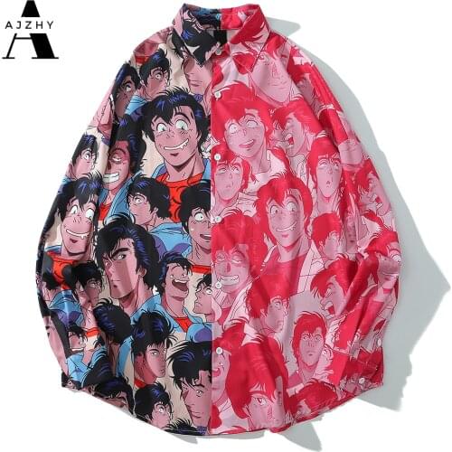 Color Block Patchwork Shirt Men Long Sleeve Autumn Cartoon Printing Shirt Men Oose Oversized Korean Shirt Mens Clothes 2020 Tops