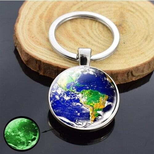 Glow In The Dark Solar System Keychain Double Side Glass Cabochon 9 Planets Galaxy Nebula Moon Earth Sun Luminous Keyring