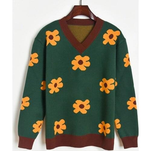 Thick Winter Sweater Women Oversized V Neck Sweater Loose Pullover Jumper 2020 New Yellow Floral Jacquard Knit Green Sweater