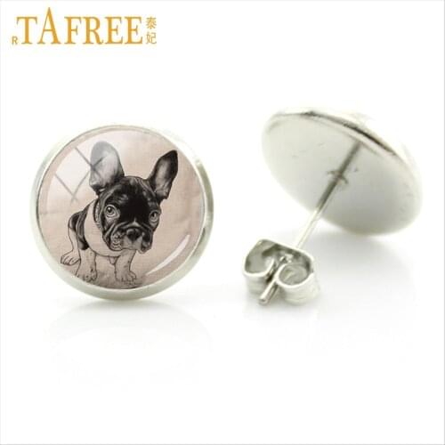 TAFREE Colorful Dog Earrings French Bulldog Art Picture round Glass for women men handmade charms mew trendy 2017 jewlery A113