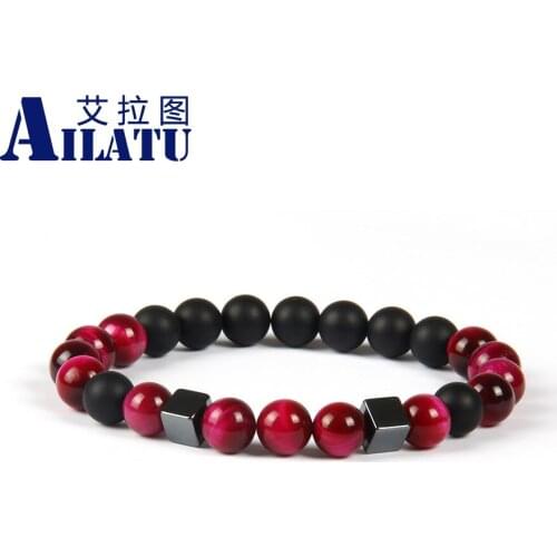 Ailatu Mens Jewelry Wholesale 10pcs/lot 8mm Pink and Green Tiger Eye Stone Beads Square Beaded Bracelet for men