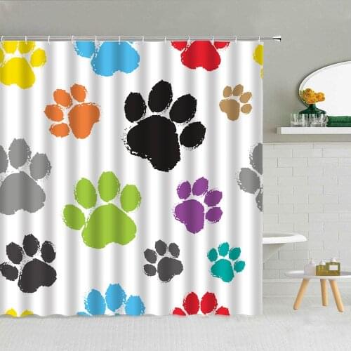 Cute Yoga Dog Footprint Shower Curtains Hand Drawn Pet Cat Kids Bathroom Bath Curtain Set Waterproof Fabric Home Bathtub Decor