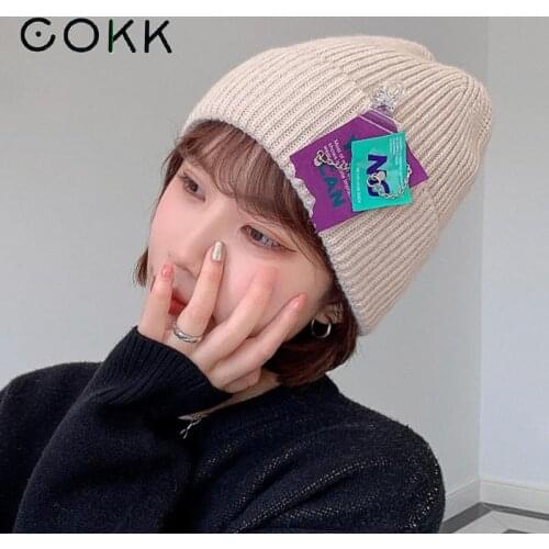 COKK Hat Women Winter Knitted Cap Bonnet Femme Hip Hop Fashion Beanie Female Casual Solid Color Korean Keep Warm