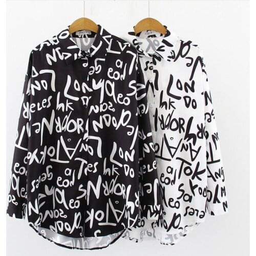 Black White Tops Streetwear Letter Print Chiffon Shirt Womens Turn-down Collar Ovesized Long Blouse Button Up Casual Chic Blusas