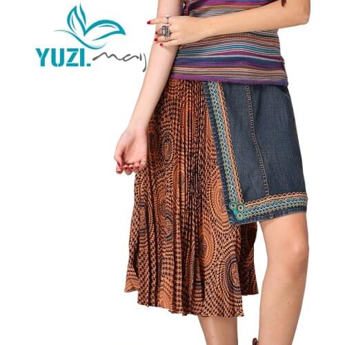 Womens Skirt 2018 Yuzi.may Boho New Denim Chiffon Patchwork Saia Vintage Embroidery Asymmetrical Hem Women Skirts X2218 Saias