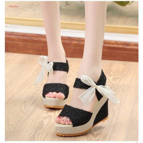 Women Sandals Summer Wedges Womens Sandals Platform Lace Belt Bow Flip Flops open toe high-heeled Women shoes Female 35-40