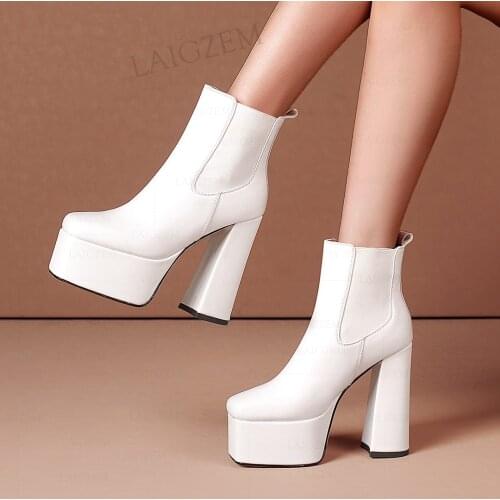 LAIGZEM Women Ankle Boots Natural Leather Chunky High Heels Platform Pull On Booties Dress Party Female Shoes Woman Size 38 40