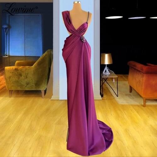 Long Purple Party Dress Satin Crystals Evening Gowns 2021 Plus Size Spaghetti Strap Prom Dresses Elegant Women Celebrity Dresses