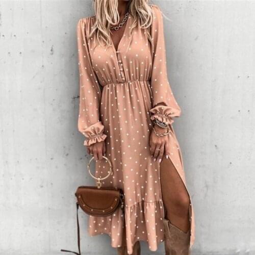 2021 Fashion Polka Dot Midi Dress for Women Blue V-neck Lantern Sleeve Plus Size Dresses Paty Ladies Streetwear Spring Vestidos