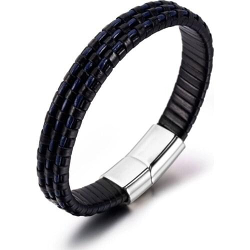 Black And Blue Double Colors Hand-Woven Charm Wrap Men Leather Bracelets Punk Vintage Rope Viking Bangle For Male Gift