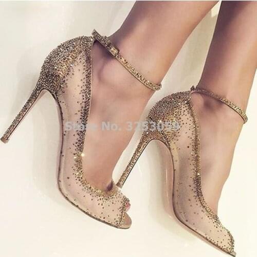 ALMUDENA Fantastic Bling Bling Crystal Shoes Champagne Gold Open Toe Clear Mesh Rhinestone Wedding Shoes Thin High Heel Pumps