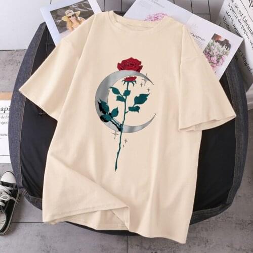 Moon And Flowers Funny Womens T Shirts O-Neck Short Sleeve Plus Size Tshirts Vintage Outdoor Cosplay Tops Tees Poleras Female