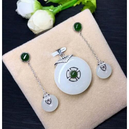 Hetian Baiyu Silver Inlay Set White Jade Safety Buckle Three-Piece Set h29