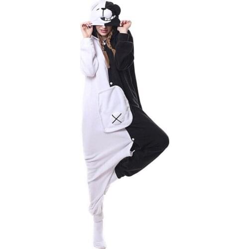 Black White Bear Onesies Unisex Winter Cute Monokuma Onesies Women Nightwear Anime Costumes Adults Fleece Sleepwear Pajamas
