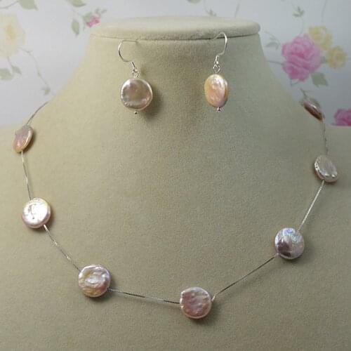 Women Pearl Jewelry Set Pink Coin Genuine Freshwater Pearl S925 Sterling Silvers Necklace Earring Charming Birthday Wedding Gift