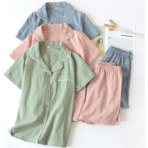 Summer Mens and Womens Cotton Home Clothes Thin Section Japanese Plaid Couples Plaid Shorts Pajamas Pyjama Femme Coton