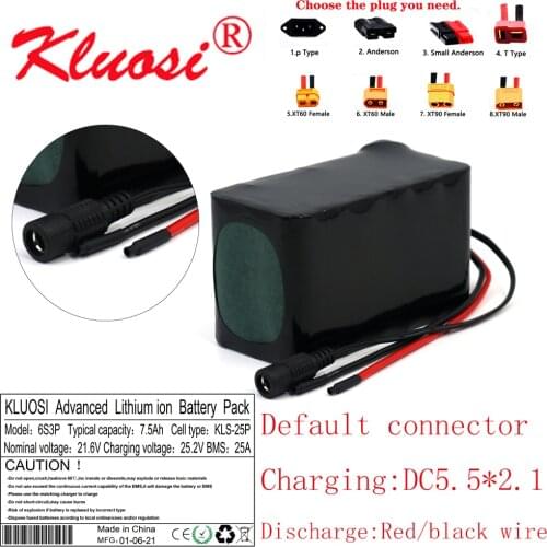 KLUOSI 6S3P 24V 7.5Ah 21.6V 8Ah 25.2V Lithium Battery Pack for Electric Bicycle Ebike Scooter Wheelchair Cropper with 25A BMS