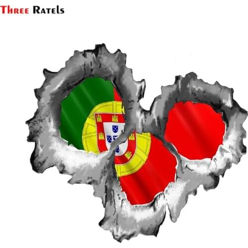 Three Ratels FC21 Bullet Hole Torn Metal 3 Shots With Portugal Portuguese Flag Car Sticker PVC Decal For Motorcycle Skateboard