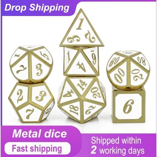 Metal Dice D4 D6 D8 D10 D% D12 D20 with Black Soft Drawstring Pouch for DnD RPG Board Games Gold & White