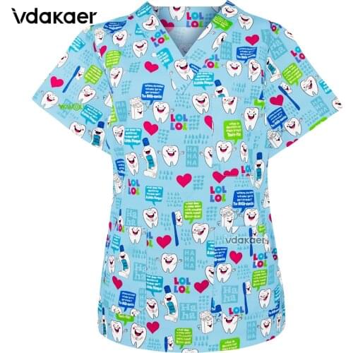 New Scrubs Tops V-Neck Dentist Beauty Salon Uniform Spa Uniform Shirt Print Scrub Tops 100% Cotton Health Workers Wear Clothes