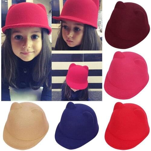 Kids Baby Girls Cat Ears Wool Derby Bowler Cap Solid 3D Ears Vintage Costume Play Brim Hats Cap