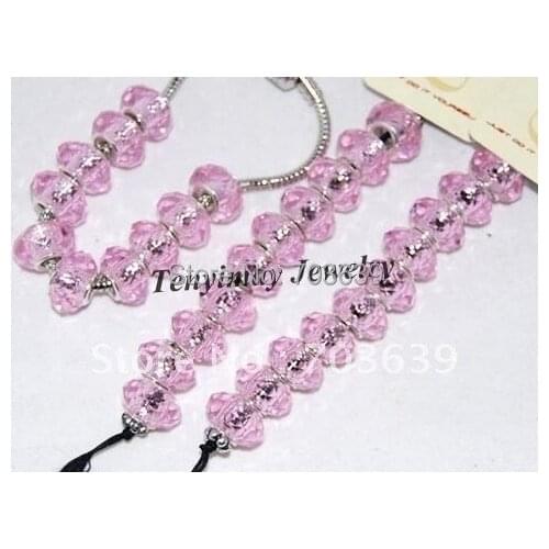 Wholesale 100pcs Pink Faceted Big Hole Glass Loose Beads For Charm Bracelet DIY Free Shipping