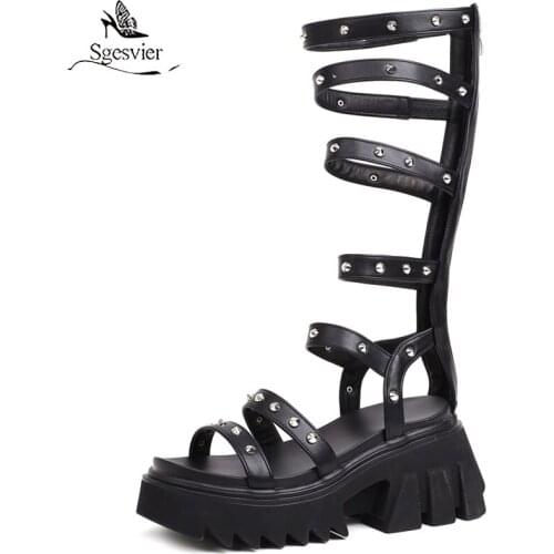 Sgesvier 2021 New Women Gladiator Roman Sandals PU Leather Open Toe Knee High Rivet Leisure Sandals Boots Wedge Heel Shoes