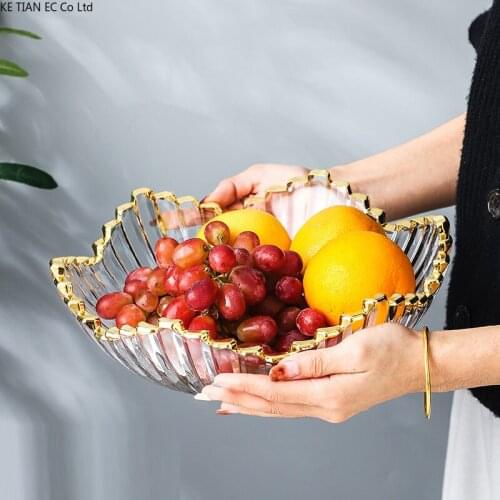 Modern Six Petal Glass Fruit Plate Luxury Golden Border Salad Bowl Household Transparent Glass Tableware Candy Dried Fruit Plate