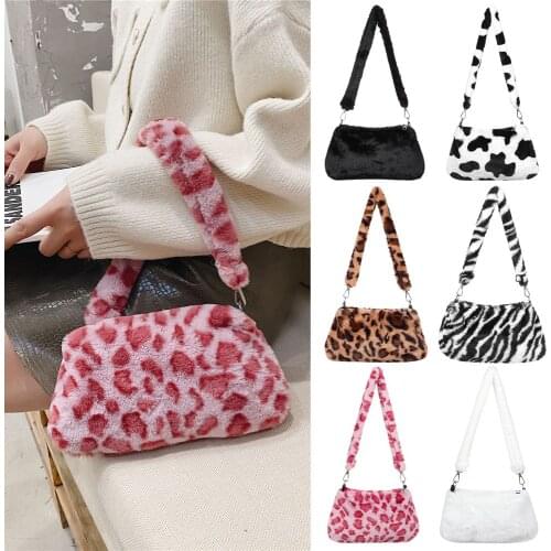 New Fashion Casual Shoulder Bag Faux Animal Fur Print Leopard Plush Lady Underarm Bag Female Messenger Bag Crossbody Bags