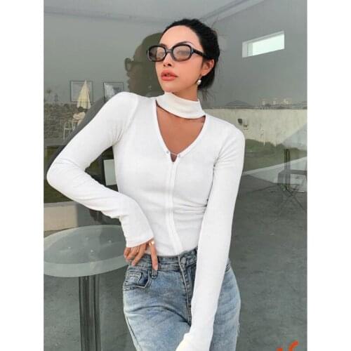 2021 Hollow Out Knit Women White Blouse Top Deep V Neck Solid Color Patchwork Long Sleeve Slim Autumn Sexy Lady Chic Crop Top