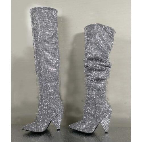 Catwalk Shows High Boots Slouchy Blingbling Diamond Nightclub Performance Shoes Slip On Spike Heel Over The Knee Women Boots
