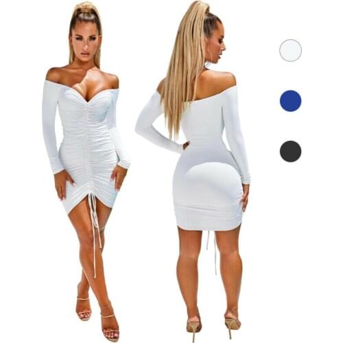 Womens Sexy Off Shoulder Long Sleeve Draped Drawstring Mini Dress Club Party