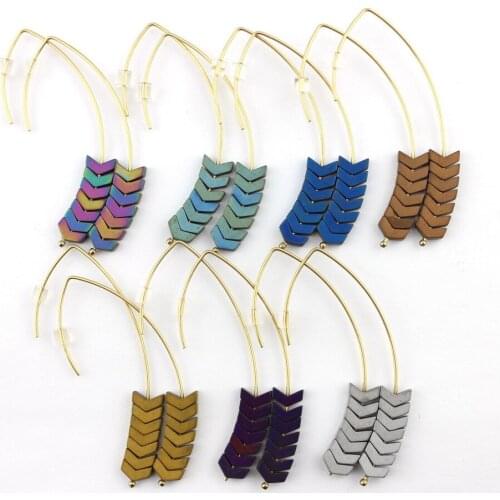 2020 Women Green Arrow Natural Stone Drop Earrings Vintage Gold Alloy Chevron Hook Hematite Dangle Earring for Women Jewelry