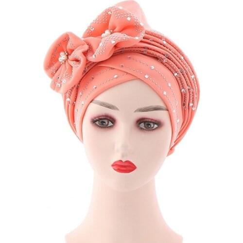 Shiny Lady African Bonnet Caps Headtie Skin-friendly Rhinestone Stick Diamond Flower Knot Women Headwrap
