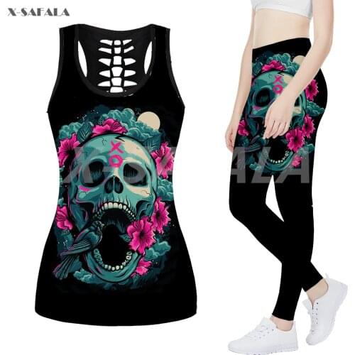 Skull Dance Girl Flower 3D Printed Fitness Women Yoga Set 1 Hollow Tank Top Leggings Outfit High Waist Stretchy Sport Pants